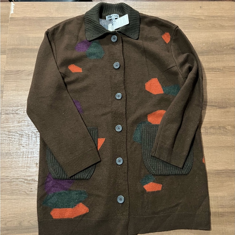 Fuga Fuga Brown Long Button-Up Cardigan with Colorful Abstract Accents